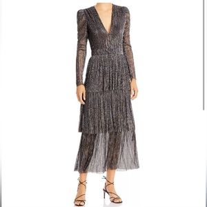 Sabina Musayev Carry Tiered Metallic Midi-Dress in Silver/Grey/Metallic, Size S